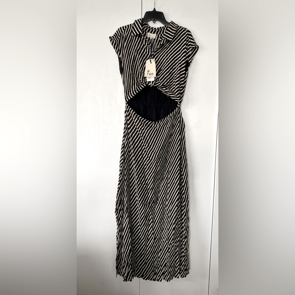 A.Ren Adrien Rae Dress Women's Size L Black Beige Stripe Sleeveless Cutout Maxi